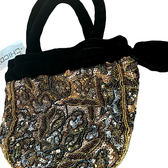 Chico’s Beaded Sequin Flapper 20s Great Gatsby Velvet Bucket Bag Purse Gold New - Picture 5 of 11